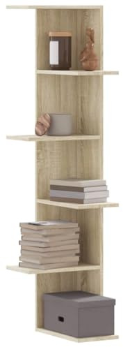 HaoChrymec Wand-Eckregal mit 3 Ablagen, Bücherregal Ecke, Sonoma-Eiche Holzwerkstoff, Platzsparendes Design, Hängend oder Freistehend, Floating Shelves für Wohnzimmer, Badezimmer, 36.5 x 36.5 x 140 cm