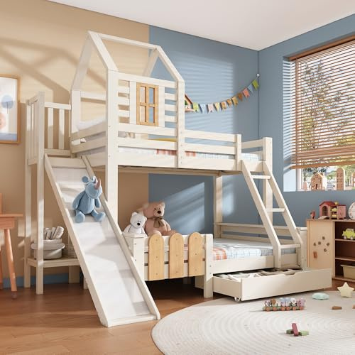 Laxnb Cama Litera Infantil 90x200 & 140x200 cm con Tobogán y Escalera, Cama Alta con Almacenamiento, Sin Colchón, Blanco