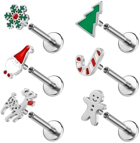 ZS 6 Stück Edelstahl Weihnachtsmann Lippenpiercing Schmuck, 16G Christmas Labret Lippenringe Ashley Piercing Lippenschmuck für Heli Conch Tragus Ohrringe flacher Rückseite (SatzA,6mm)
