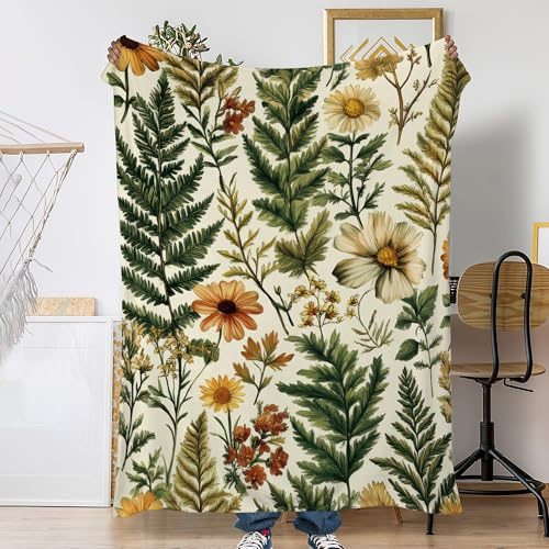 Snowmolle Rustic Herb Leaf Throw Blanket for Couch Home Decoration,Wildflower Cozy Fluffy Blanket,Decorative Flannel Fleece Fall Throw for Sofa Living Room Travel,Camping,Naps,Reading50 X 60 Inch