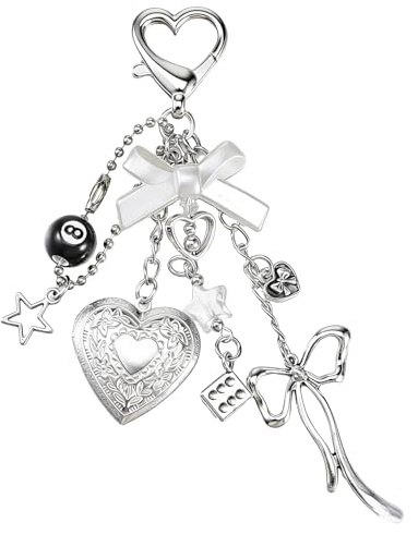 Y2k Schlüsselanhänger Niedliche Keychain In Silberherzform Cute Bag Charms Taschen Anhänger Aesthetic Cooler Metallic Tasche Accessoires Mit Schleife Stern Herz Anhänger Für Schlüssel Geldbörsen