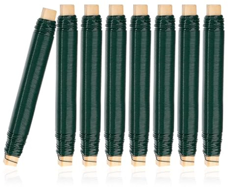 Jadesiegel Juego de 8 Carretes de Alambre para Jardinería en Madera | 35m, Grosor 0.7mm - Incluye 8 Enrolladores de Madera | Para Soportes de Plantas, Manualidades y Bricolaje (Verde)