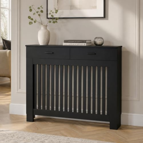 Jack Stonehouse Vertical Slat Black Radiator Cover with Storage Drawers | Sturdy Stylish Modern MDF Wooden Rad Heater Grille Cabinet | Line Covering Slats Ventilation Guard (Medium Vertical)
