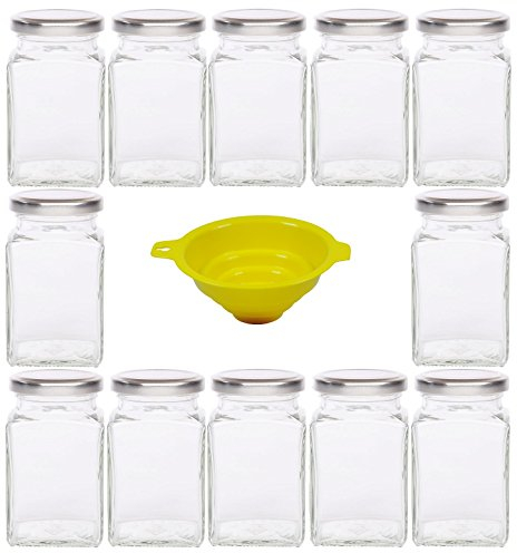 Viva Haushaltswaren - 12 barattoli in Vetro da marmellata, Ideali Anche per conservare Le spezie, con Coperchio Color Argento, capacità 260, compreso Imbuto Giallo con Blocco