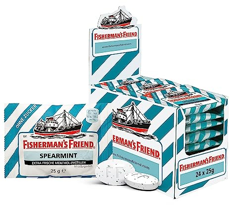 Fisherman's Friend Spearmint, 24er Vorratsbox, grüne Minze und Menthol Geschmack, zuckerfrei & vegan, Bonbons für frischen Atem, 24 x 25g