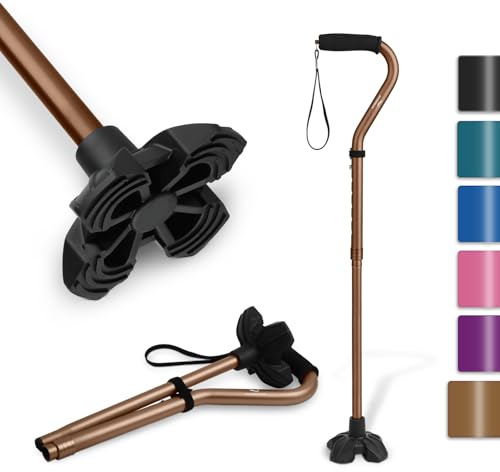 KINGGEAR F1 Walking Stick, Walking Cane for Women & Men, Self Standing Walkers for Seniors with Wrist Strap, Lightweight & Sturdy Offset EVA Handle and Large Quad Base