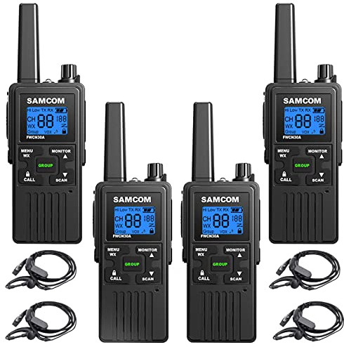 SAMCOM 4 Pack Two Way Radios Long Range Rechargeable Walkie-Talkies for Adults 1250mAh, 2 Way Radios Walkie Talkies with Earpieces Long Distance USB Work Walky Talky NOAA Alert