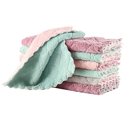 10 Pack Dish Cloths for Kitchen, Soft Coral Velvet Washing Up Dish Towels, Strong Absorption Water and Remove The Oil and Dust Dish Rags (Pink/Green)