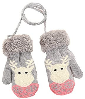 Kinder Handschuhe mit Schnur Weihnachten Elch Winter Jungen und Mädchen doppellagig Fausthandschuhe Warm Fäustlinge Dicke Doppelt Strickhandschuhe Plüsch gefüttert Thermohandschuhe Outdoor Handschuhe