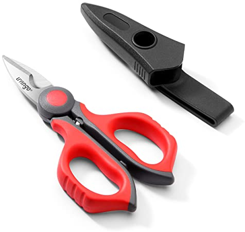 LIVINGO 6 Multi-Purpose Electrician Scissors : Professional Heavy Duty Comfortable Grip Cable Cutting Shears and Wire Stripper with Crimping Function, Sharp Stainless Steel Serrated Blade, Belt Clip