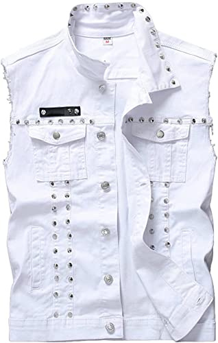 Mcdslrgo Herren Punk Denim Weste Ärmellos Jeansjacken mit Nieten, weiß, M