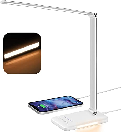 BIENSER Schreibtischlampe LED, 560LM Bürolampe Tischlampe mit 5 Farben & 10 Helligkeitsstufen Dimmbar, Schreibtischleuchte mit Nachtlicht, USB-Anschluss, Memory-Funktion, 30 Min Auto Timer, 6000K, 10W
