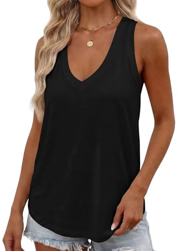 Smile Fish Women Summer Deep V Neck Tank Top Loose Fit Flowy Sleeveless Shirt Cotton Black,XL
