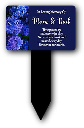 Plaque commémorative Mum & Dad - Magnifique marqueur funéraire imperméable et accrocheur imprimé avec des fleurs d'hortensia et un poème commémoratif (bleu foncé)