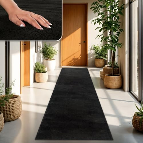 TT Home Wohnzimmer Teppich Kurzflor Anti-Rutsch Rückseite Unifarben Modern Waschbar, Farbe: Schwarz, Größe:80x150 cm