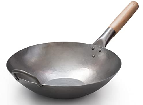 Craft Wok Wok piatto in acciaio al carbonio martellato a mano con manico in legno e acciaio (30,5 cm, fondo piatto) / 731W316-30,5 cm