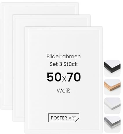 POSTER ART Cadre 50x70 cm - Set de 3 pièces Blanc en bois - San Diego en verre acrylique pour décoration murale affiche, puzzle, photo, diplôme ou toile