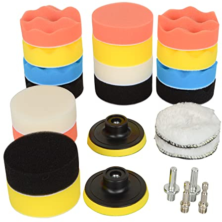 JoaSinc Polieraufsatz Akkuschrauber, 24PCS Polierschwamm Auto Set, Polierpad Schwämme Pads mit Auto Poliermaschine M10 Bohrer Adapter, für Autopolieren, Schleifen, Wachsen