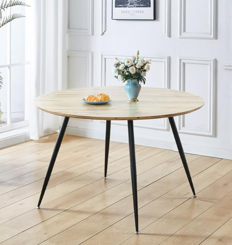 Hallowood Furniture Cullompton Oak-Effect Large Round Dining Table, 120cm | Stylish Oak-Effect Top Round Kitchen Table with Black Metal Legs, Round Table Ideal for Modern 4-6 Seater Dining Spaces