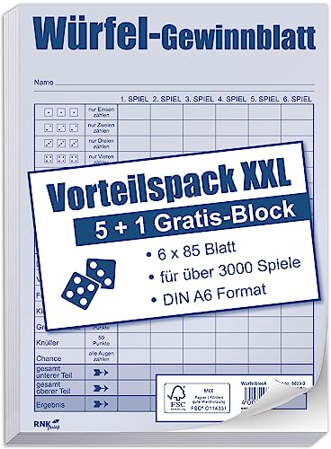 RNKVERLAG - Würfelspiel Vorteilspack XXL DIN A6, 6 Blöcke, je 85 Blatt für über 3000 Spiele, Blau, Weiß