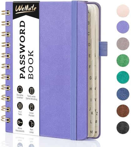 WEMATE spirallösenordsbok med alfabetiska flikar, liten lösenordsinnehavare bok för seniorer, internetlösenord anteckningsbok inbunden lösenord journal loggbok – 10 x 15 cm (lila)