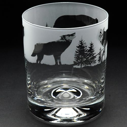 GLYPTIC Glass Art Wolf Hand Etched/Engraved Whiskey Tumbler Glass