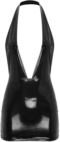 Linjinx Damklänning Lackklänning Wetlookklänning Neckholder Djupv-ringad Bodyconklänning Miniklänning Bleistiftklänning Nattklänning Festklänning Gogo Party Nattklubb, svart, L