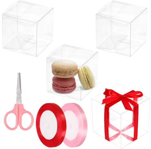 Keadic 33 stycken klara fyrkantiga favoritlådor med presentband, små genomskinliga kuber plastförpackning behandla låda för makaron godis cupcake bröllop fest (klar, 6 x 6 cm)