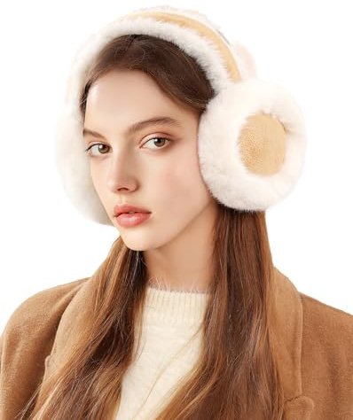 Lainlight Ear Muffs for Winter Women Faux Fur Warm Earmuffs Foldable Cute Fuzzy Ear Warmers Light khaki