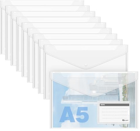 Dokumententasche DIN A5 48 Stück, Mappe A5 mit Druckknopf Transparent Umschlagmappe A5 mit Etikettentasche für Rechnungen, Quittungen, Dokumente Organisieren