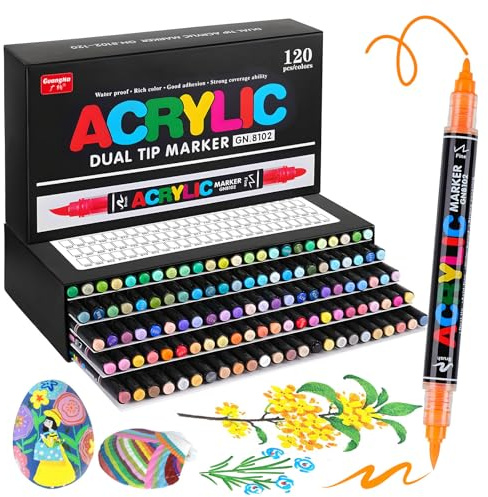 120 Couleurs Marqueur Peinture Acrylique Double Pointe, Feutre Acrylique pour Coloriage Adulte & Mystère, Stylo Peinture avec Pointe Pinceau (0.5-4.5mm) et Pointe Fine (1mm) – Feutre pour Verre, Bois