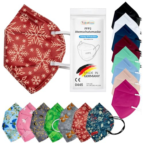TubeRoo FFP2 Maske Dunkelrot Bordeaux Rot, Kristalle Motiv Muster 5 Stück Masken aus Deutschland, Made in Germany, weicheOhrschlaufen Bänder, Atemschutzmaske, Mundschutz, Schutzmaske, Allergie