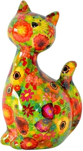 Pomme Pidou Spardose Katze Grösse M 12,5x10,3x21 cm - Grün mit Blüten (F)