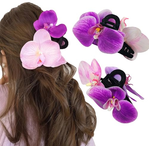 2 pinzas hawaianas grandes con forma de orquídea morada, horquillas para el pelo, accesorios para mujeres y niñas
