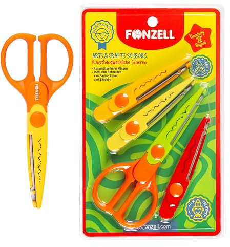 Fonzell Kreativ- & Bastelscheren-Set für Kinder – 4 Scheren mit austauschbaren Klingen – Sicherheitsscheren für Basteln & Schule (16 cm, bunt)