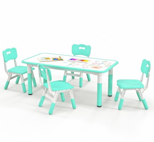 GOPLUS Table Enfant avec 4 Chaises, Réglable en Hauteur, Table a Dessin Enfant d'Activité avec Plateau à Graffitis, Bebe18+ Mois pour Chambre d'enfant, Maternelle (Vert)