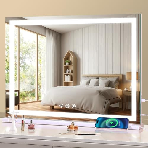 halumao Hollywood Vanity Mirror with Lights, 58 x 48cm Light Up Make up Mirror with Smart Touch 3 Colors Dimmable, dressing table or Wall-Mounted, Memory Function,USB Charging Port