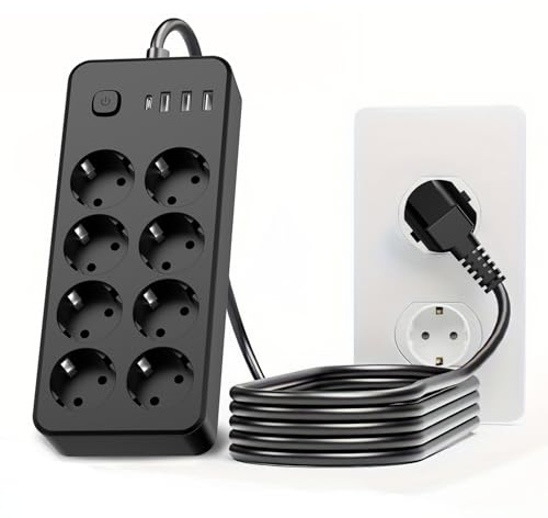 Multiprise 8 Prises 4 Ports USB [12W] - Bloc Parafoudre Anti-Surtension, Interrupteur Individuel, Câble 1.8m - Sécurité Certifiée pour Smartphone/PC/Maison/Bureau (Noir)