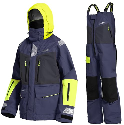 Navis Marine Herren Offshore Segelanzug 3-Lagen Wasserdicht Atmungsaktiv - Profi Segeljacke mit Neon-Kapuze & Reflektoren + Verstärkte Latzhose NS-547(Blue, XL)