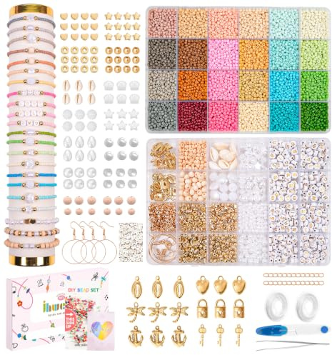 OIOYCLG 12000 Bunte Morandi Perlen für Armbänder, Selber Machen Perlen Set für Kinder & Erwachsene,Anhänger & Schmuckzubehör | Letterperlen, Muscheln, Gold-Elemente |– Geschenk für Tochter, Freundin