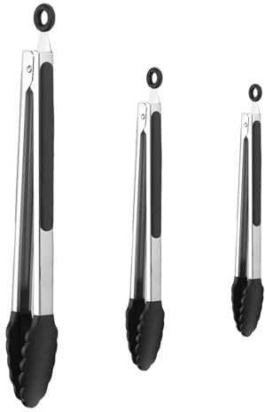 3 stycken värmetåliga köktänger, 18/23/30,5 cm, grilltänger silikon, tänger för luftfrys, tång för varmluftsfritös, tång kök rostfritt stål, för säker matlagning grillning