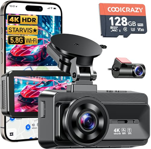 Coolcrazy 4K Dash Cam Front and Rear, STARVIS Sensor, Free 128GB Card Included, 5GHz WiFi-up to 20MB/s, Dual Dash Camera for Cars, Built-in GPS, G-Sensor, WDR/HDR Super Night Vision, 24H Parking Mode