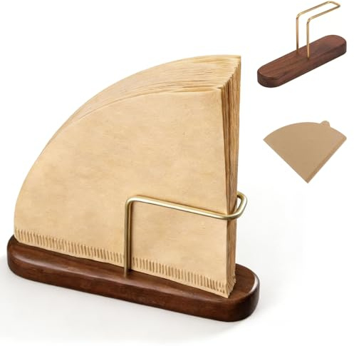 Elegant Coffee Filter Holder & 100 Unbleached Paper Set, Walnut Finish Metal Stand with Natural Size 02 Cone Filters, Space Saving Organizer for Hand Brewed Coffee