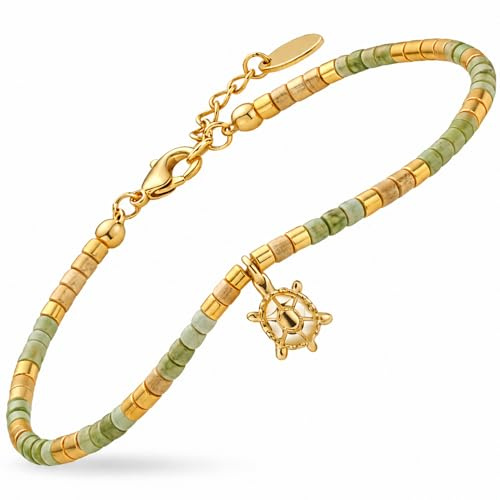 Generisch Beige-Grün-Goldenes Tila Armbandset für Damen mit und ohne Schildkröte – Verstellbares, filigranes Perlenarmband – Feines Boho Armband– Elegantes Damenarmband