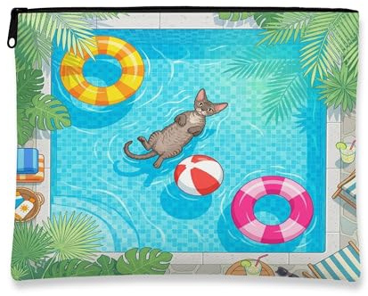 Devon Rexs Cats Makeup Bag, Cute Pool Lifebuoys Tropical Printed Cosmetic Travel Pouch for Women, Pet Portable Small Canvas Zipper Organizer 7x9 Inch
