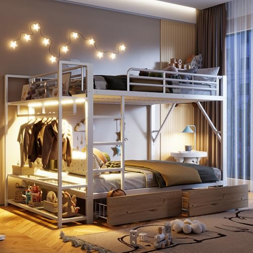 Våningssäng 140 x 200 cmTillverkad av metall i vitt, våningssäng med 2 lådor, säng med LED och flera hyllor, metallsäng med klädstång för sovrum