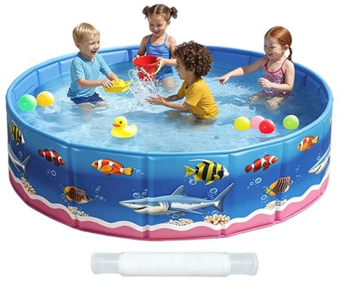Piscina Pieghevole - Vasca Rigida e Rotonda con Stampa a Tema Mare | Piscina Esterna Pieghevole Senza Gonfiaggio Per Bambini E Animali Domestici - Per Terrazza Giardino Estate Acquatico