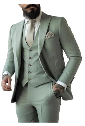 Costume Mariage Homme Costume 3 pièces Vert Sauge for Homme, Coupe Slim (Veste, Gilet, Pantalon), Smoking de Mariage, Bal Promo, soirée Formelle pour Le Mariage(S)