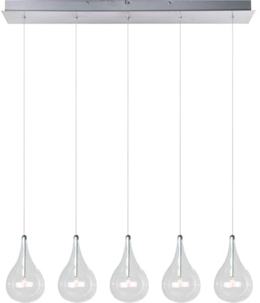 ET2 E23115-18 Larmes Modern Blown Glass Oversized Teardrops Linear Pendant Ceiling Lighting, 5-Light Xenon 100 Watts, 8H x 5W x 30L, Polished Chrome