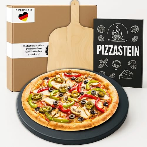 Megrill Pizzastein Rund Set 350 × 20 mm aus Cordierit für Grill & Ofen | Glasierter Cordierit-Pizzastein für Holzkohlegrill, Gasgrill und Backofen, speichert Hitze gleichmäßig